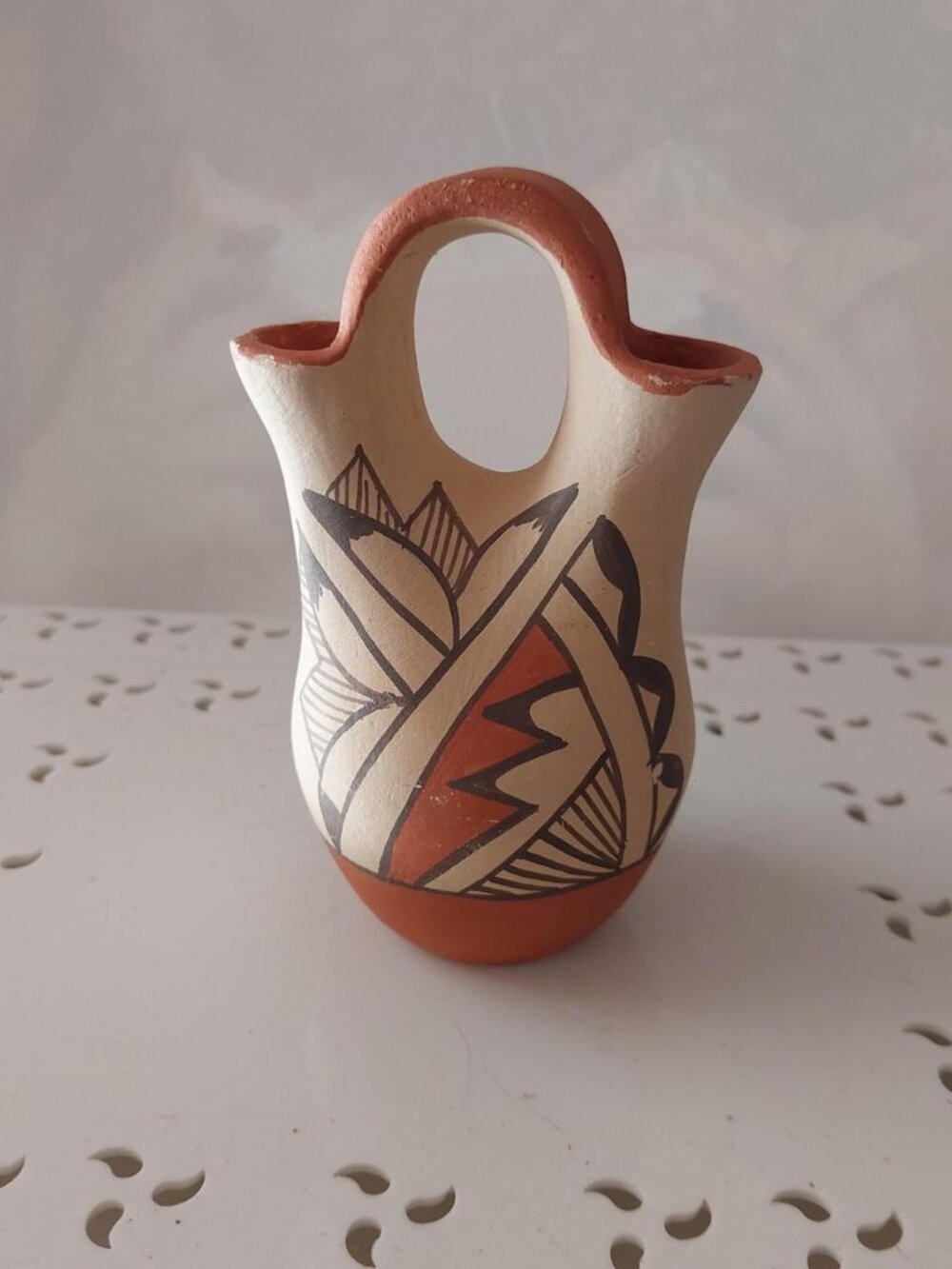 Vintage Jemez Pueblo Pottery Wedding Vase Native American Hand Painted Geometric